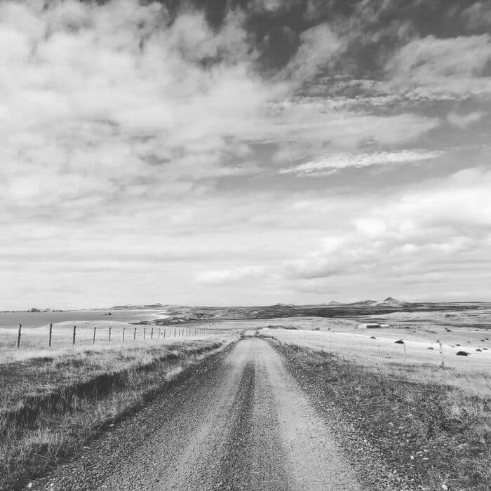 B&W image of a road on the Chatham Islands.