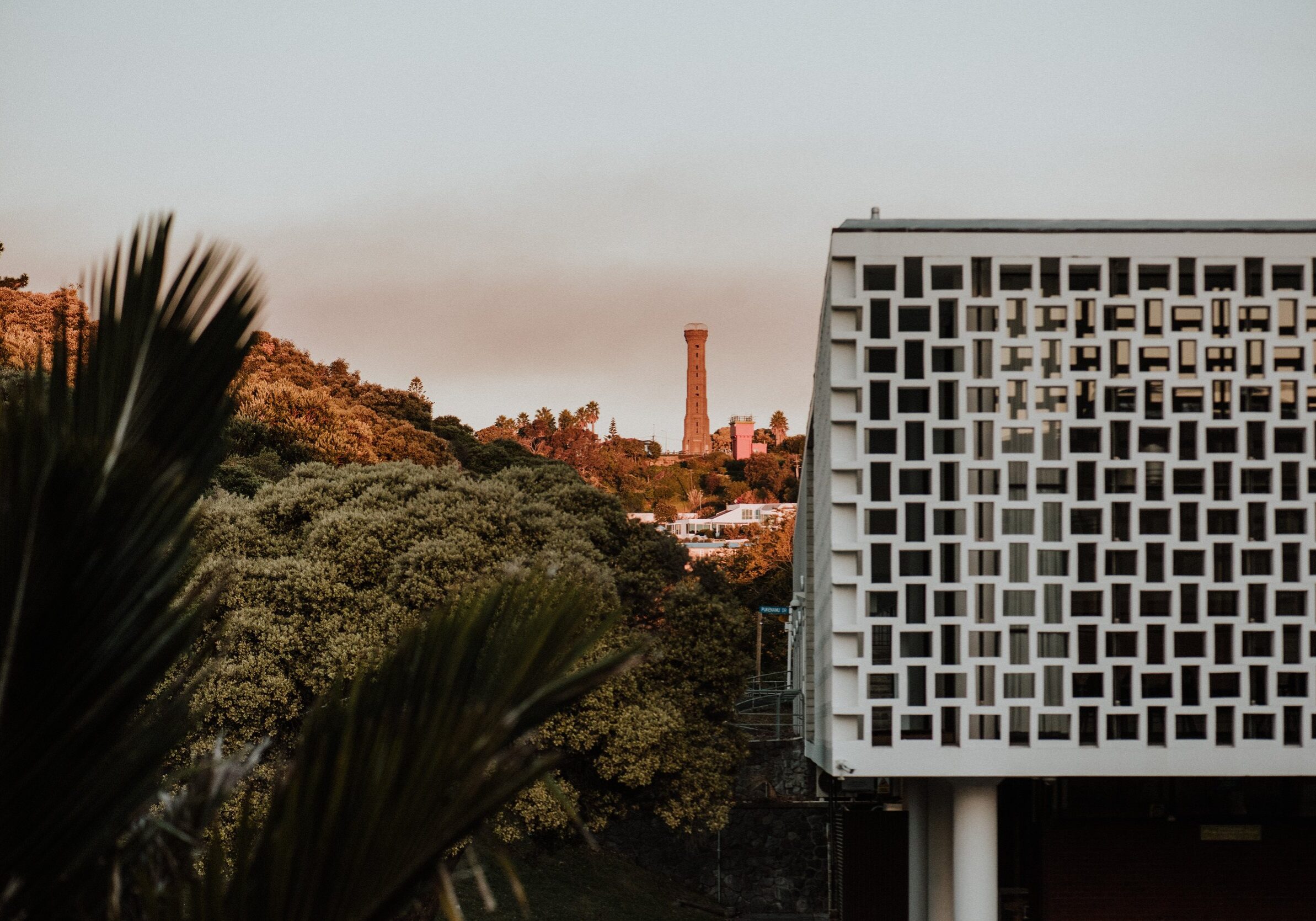 A view of the Durie Hill Elevator with the modernist lines of the Whanganui War Memorial Centre.